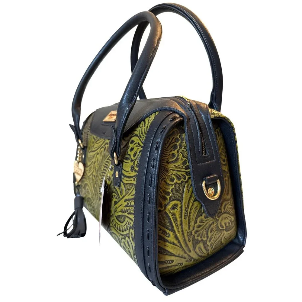 Tooled handmade olive green vegan‎ leather satchel shoulder handbag Women Large